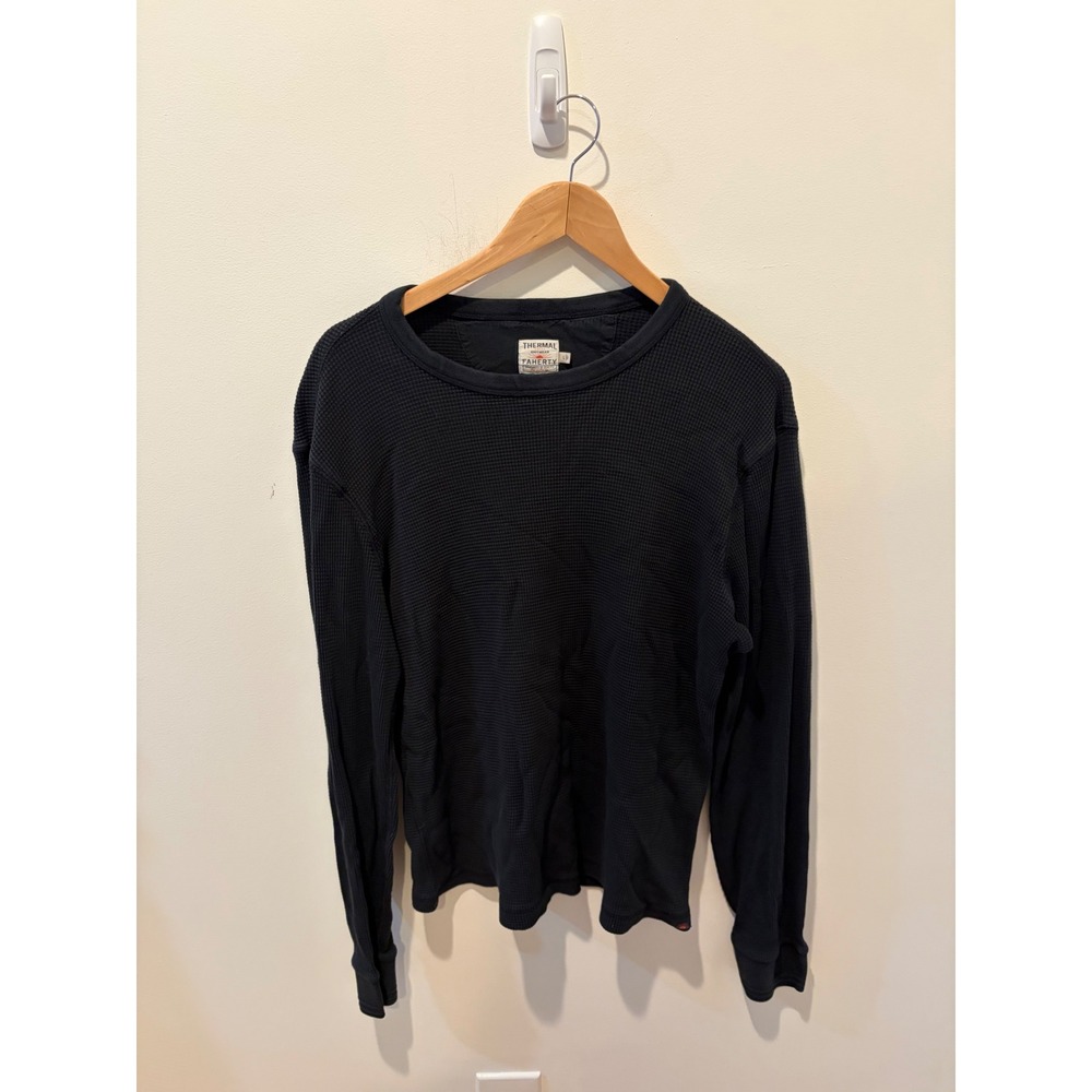 Faherty Thermal Knitwear Black Waffle Knit Long Sleeve Crewneck Top Large